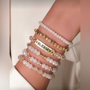 Gold and White Blessed Stackable Beaded Bracelet Set